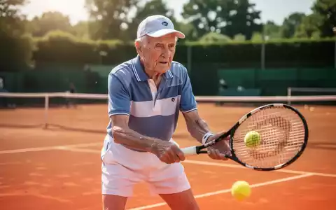 Ein sportlich aktiver Senior spielt konzentriert Tennis auf einem Sandplatz bei hellem Tageslicht. - Foto: über boerse-global.de