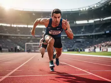 Ein Leichtathlet beim Sprint auf der Tartanbahn in einem Stadion während eines sommerlichen Wettkampfs. - Foto: über boerse-global.de
