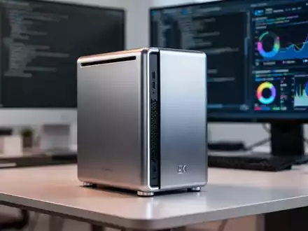 Hochwertige kompakte Desktop-Workstation auf einem modernen Bürotisch, die lokale KI-Hardware und Rechenleistung repräsentiert. - Foto: über boerse-global.de
