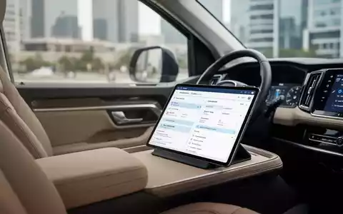 Innenraum eines Firmenfahrzeugs mit einem Tablet auf dem Sitz, das logistische Arbeitsdaten anzeigt. - Foto: über boerse-global.de