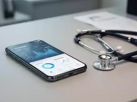 Ein Smartphone zeigt Gesundheitsdaten-Diagramme neben einem Stethoskop auf einem modernen Schreibtisch. - Foto: über boerse-global.de