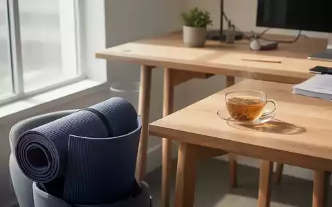 Ein moderner, heller Arbeitsplatz mit einer Yogamatte und einer Teetasse als Symbol für mentale Gesundheit und Entspannung. - Foto: über boerse-global.de