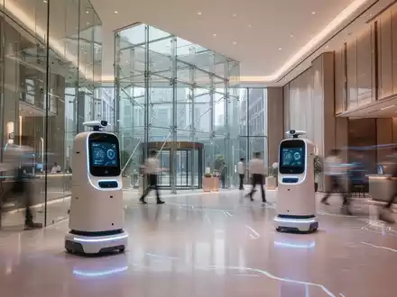 Moderne Hotellobby mit autonomen Servicerobotern in einem futuristischen Design-Ambiente. - Foto: über boerse-global.de