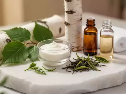 Natürliche Pflegeprodukte mit Birkenblättern und grünem Tee auf einem hellen Steintisch in einem Spa-Ambiente. - Foto: über boerse-global.de