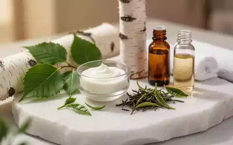 Natürliche Pflegeprodukte mit Birkenblättern und grünem Tee auf einem hellen Steintisch in einem Spa-Ambiente. - Foto: über boerse-global.de