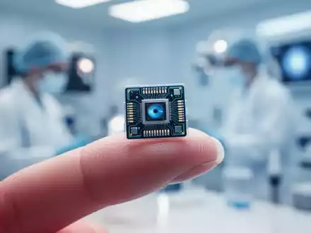 Nahaufnahme eines winzigen Netzhautimplantat-Chips auf einer Fingerspitze in einem medizinischen Forschungslabor. - Foto: über boerse-global.de