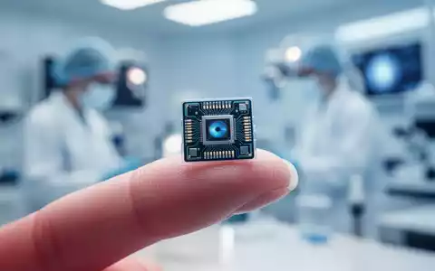 Nahaufnahme eines winzigen Netzhautimplantat-Chips auf einer Fingerspitze in einem medizinischen Forschungslabor. - Foto: über boerse-global.de