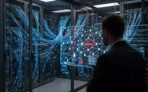 Ein dunkler Serverraum mit leuchtenden Datenströmen und digitalen Sicherheitssymbolen auf einem Monitor. - Foto: über boerse-global.de