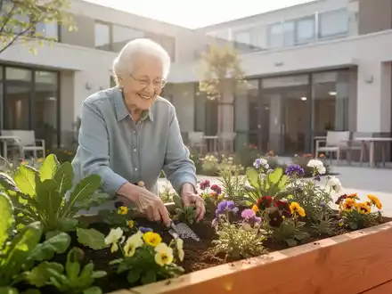 Ein Senior pflanzt Blumen in einem Hochbeet in einem hellen, freundlichen Garten einer Pflegeeinrichtung. - Foto: über boerse-global.de