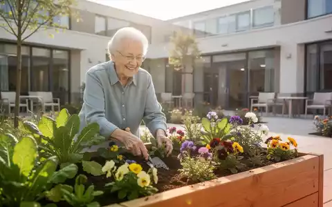 Ein Senior pflanzt Blumen in einem Hochbeet in einem hellen, freundlichen Garten einer Pflegeeinrichtung. - Foto: über boerse-global.de