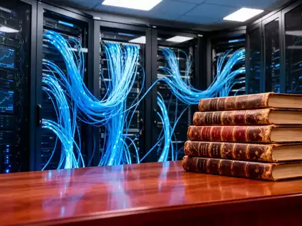 Stapel klassischer Bücher auf einem Schreibtisch vor einem modernen, hochtechnologischen Serverraum mit blauen Leuchten. - Foto: über boerse-global.de