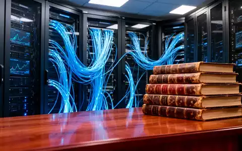Stapel klassischer Bücher auf einem Schreibtisch vor einem modernen, hochtechnologischen Serverraum mit blauen Leuchten. - Foto: über boerse-global.de