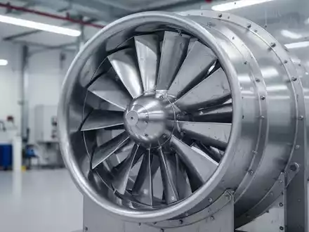 Professionell gewarteter Industrie-Ventilator mit sauberen Rotorblättern in einer hellen technischen Umgebung. - Foto: über boerse-global.de