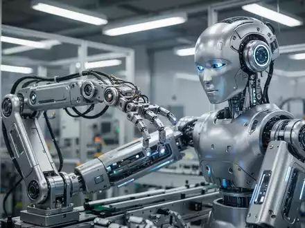 Ein humanoider Roboter arbeitet an einem Fließband in einer modernen Industrieanlage. - Foto: über boerse-global.de