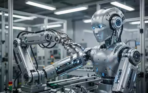 Ein humanoider Roboter arbeitet an einem Fließband in einer modernen Industrieanlage. - Foto: über boerse-global.de