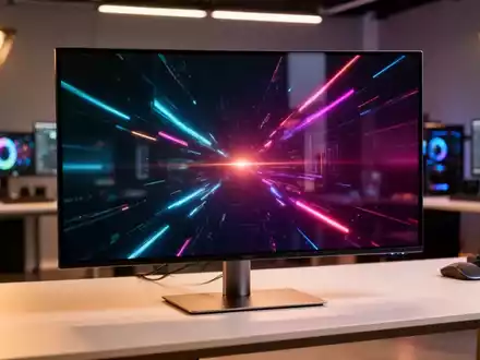 Moderner High-End QD-OLED-Monitor auf einem aufgeräumten Schreibtisch in einem professionellen Designstudio. - Foto: über boerse-global.de