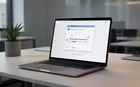 Ein moderner Büroarbeitsplatz mit einem Laptop, auf dessen Bildschirm eine Kalenderbenachrichtigung über ein Software-Supportende zu sehen ist. - Foto: über boerse-global.de