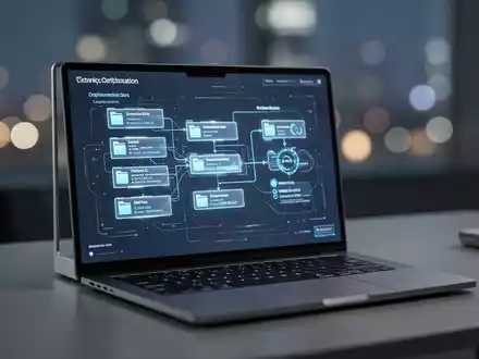Moderner Laptop-Bildschirm mit abstrakter Visualisierung von Dateioptimierungsprozessen in einer sauberen Arbeitsumgebung. - Foto: über boerse-global.de