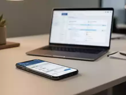 Modernes Büro-Schreibtisch-Setup mit Smartphone und Laptop zur digitalen Arbeitszeiterfassung. - Foto: über boerse-global.de