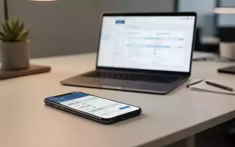 Modernes Büro-Schreibtisch-Setup mit Smartphone und Laptop zur digitalen Arbeitszeiterfassung. - Foto: über boerse-global.de
