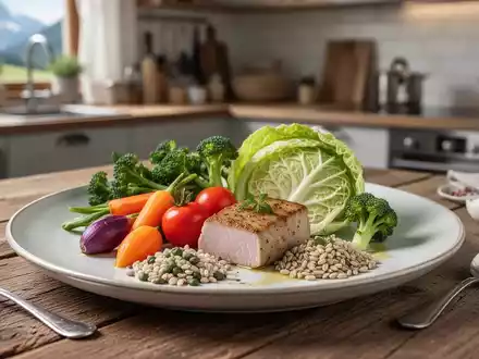 Ein modern angerichteter, gesunder bayerischer Teller mit Gemüse, Vollkornbeilagen und Fleisch auf einem Holztisch. - Foto: über boerse-global.de