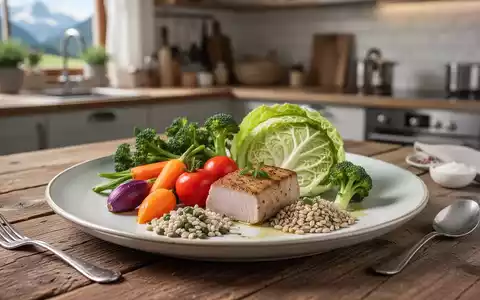 Ein modern angerichteter, gesunder bayerischer Teller mit Gemüse, Vollkornbeilagen und Fleisch auf einem Holztisch. - Foto: über boerse-global.de