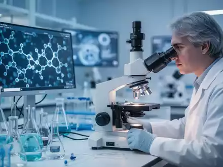 Wissenschaftler bei der Arbeit an einem Mikroskop in einem modernen medizinischen Forschungslabor. - Foto: über boerse-global.de