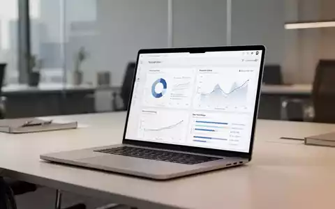 Moderner Arbeitsplatz mit Laptop, auf dem eine professionelle Datenvisualisierung für Präsentationen zu sehen ist. - Foto: über boerse-global.de