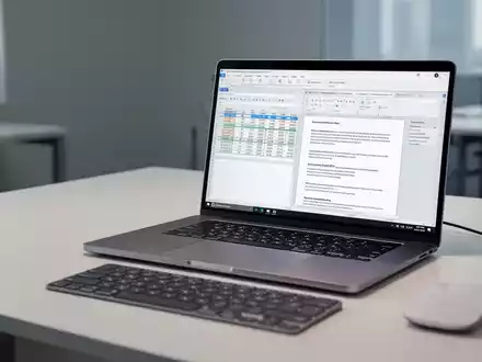 Moderner, sauberer Schreibtisch mit Laptop, der professionelle Dokumentenbearbeitungssoftware und Datenblätter zeigt. - Foto: über boerse-global.de
