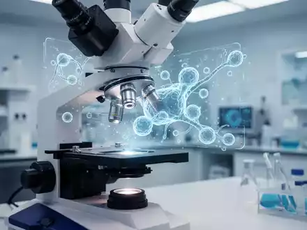 Ein modernes medizinisches Labor zeigt ein Mikroskop mit einer holografischen Darstellung von Stammzellstrukturen. - Foto: über boerse-global.de