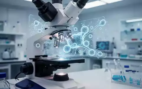 Ein modernes medizinisches Labor zeigt ein Mikroskop mit einer holografischen Darstellung von Stammzellstrukturen. - Foto: über boerse-global.de