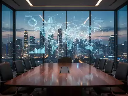 Futuristische digitale Schnittstelle mit globalen Datennetzen und Konnektivität in einem modernen Büro mit Blick auf eine Smart City. - Foto: über boerse-global.de