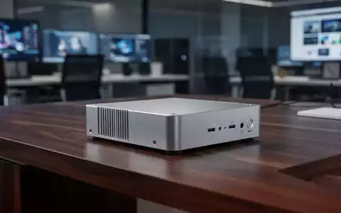 Schlanker silberner Aluminium-Mini-PC-Arbeitsplatz auf dunklem Holzschreibtisch - Foto: über boerse-global.de