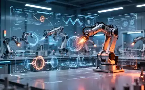Digitale Simulation einer Roboteranlage in einer industriellen Umgebung mit eingeblendeten physikalischen Daten. - Foto: über boerse-global.de