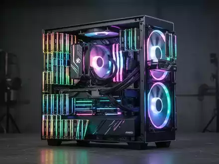 Eigenbau-PC mit vielen RAM-Riegeln außen und bunter RGB-Beleuchtung in einem professionellen Studio. - Foto: über boerse-global.de