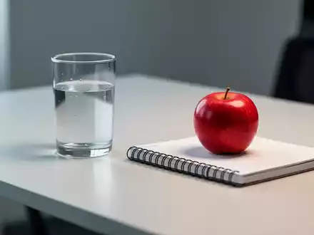 Ein Glas Wasser und ein frischer Apfel auf einem Schreibtisch als Symbol für einen gesunden Lebensstil. - Foto: über boerse-global.de