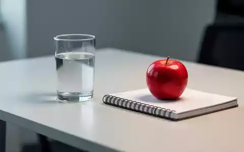 Ein Glas Wasser und ein frischer Apfel auf einem Schreibtisch als Symbol für einen gesunden Lebensstil. - Foto: über boerse-global.de