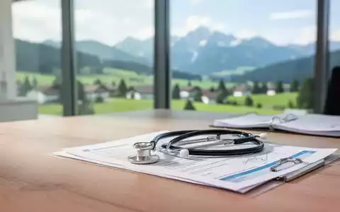 Ein moderner Arztpraxis-Arbeitsplatz mit Stethoskop vor einem Fenster mit Blick auf eine bayerische Landschaft. - Foto: über boerse-global.de