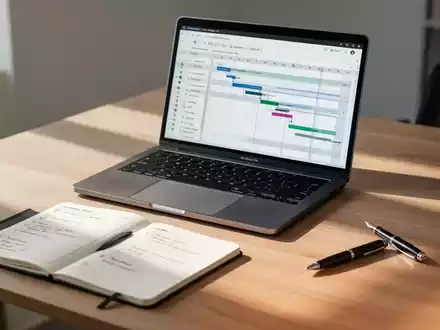 Ein moderner Schreibtisch mit Laptop, der einen Projektplan zeigt, daneben ein Notizbuch und ein Füller. - Foto: über boerse-global.de
