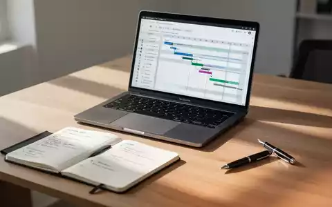 Ein moderner Schreibtisch mit Laptop, der einen Projektplan zeigt, daneben ein Notizbuch und ein Füller. - Foto: über boerse-global.de