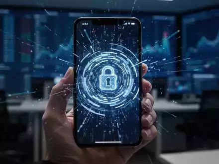 Ein modernes Smartphone mit digitalen Sicherheitssymbolen vor einem verschwommenen Bürohintergrund. - Foto: über boerse-global.de