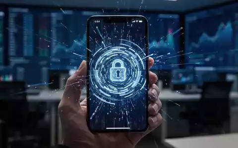 Ein modernes Smartphone mit digitalen Sicherheitssymbolen vor einem verschwommenen Bürohintergrund. - Foto: über boerse-global.de