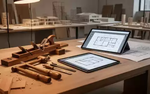 Traditionelle Handwerkzeuge neben digitalen Bauplänen auf einem modernen Schreibtisch. - Foto: über boerse-global.de