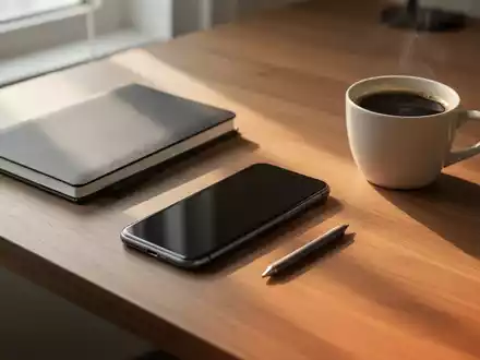 Ein minimalistischer Schreibtisch mit einem umgedrehten Smartphone, einem Notizbuch und einem Kaffee bei natürlichem Licht. - Foto: über boerse-global.de