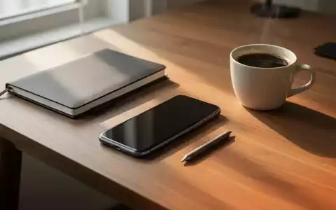 Ein minimalistischer Schreibtisch mit einem umgedrehten Smartphone, einem Notizbuch und einem Kaffee bei natürlichem Licht. - Foto: über boerse-global.de