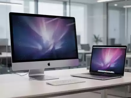 Modernes Apple iMac und MacBook Pro auf einem sauberen, professionellen Schreibtisch. - Foto: über boerse-global.de
