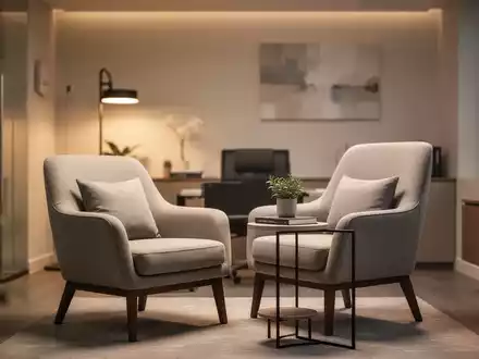 Ein modernes, leeres Psychotherapie-Zimmer mit einem Sessel vor einem Fenster, das eine ruhige Atmosphäre vermittelt. - Foto: über boerse-global.de