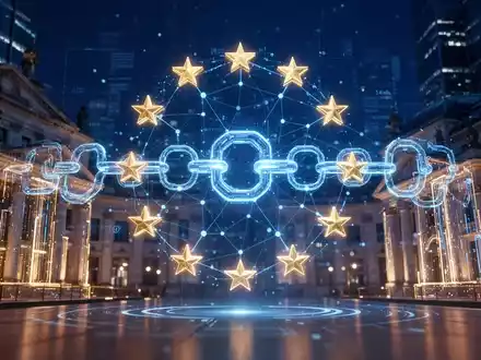 Digitale abstrakte Visualisierung eines Blockchain-Netzwerks mit EU-Finanzsymbolen für regulatorische Aufsicht. - Foto: über boerse-global.de