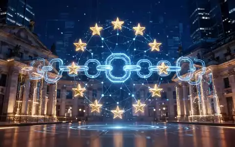 Digitale abstrakte Visualisierung eines Blockchain-Netzwerks mit EU-Finanzsymbolen für regulatorische Aufsicht. - Foto: über boerse-global.de