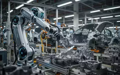 Ein humanoider Roboter führt präzise Montagearbeiten an einer modernen Industriefertigungslinie aus. - Foto: über boerse-global.de